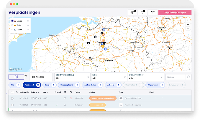Interactive map of Belgium showing locations of moves, taxis, and drivers with a table of transport status and filters below.