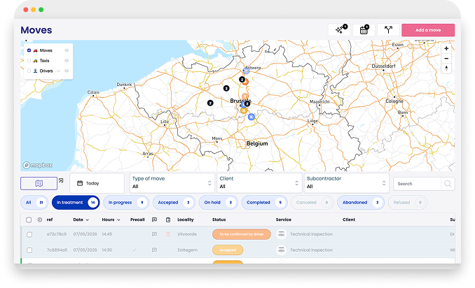 User interface showing a map of Belgium with marked move locations and a table of move details filtered by status categories like in treatment, in progress, accepted, on hold, and completed.