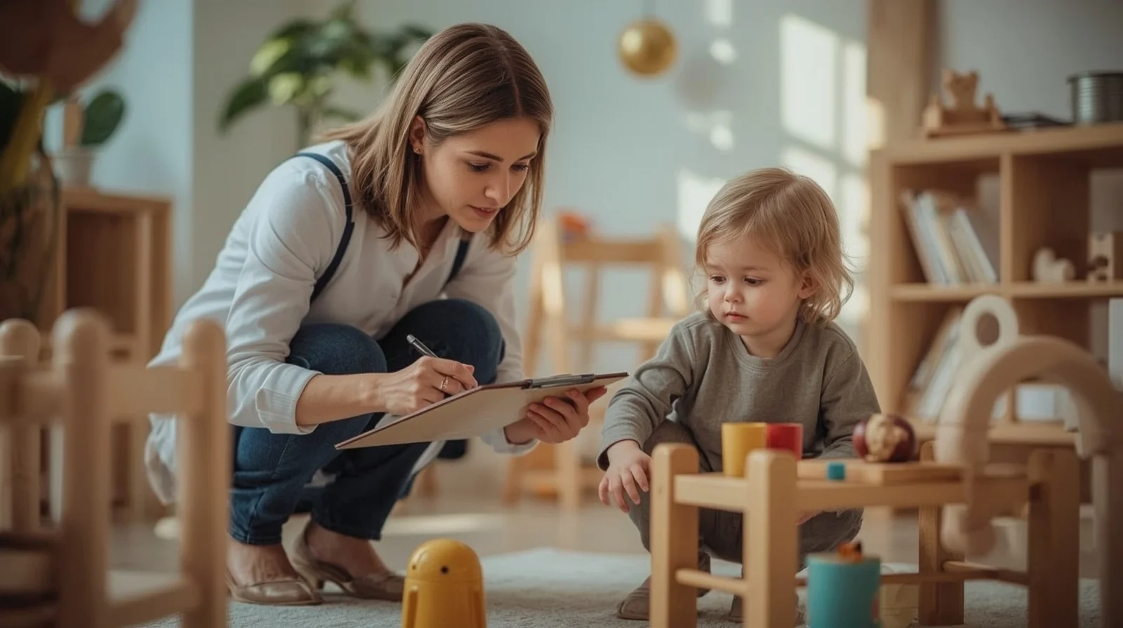 Psychoéducatrice observant un enfant en milieu de garde lors d'une évaluation fonctionnelle