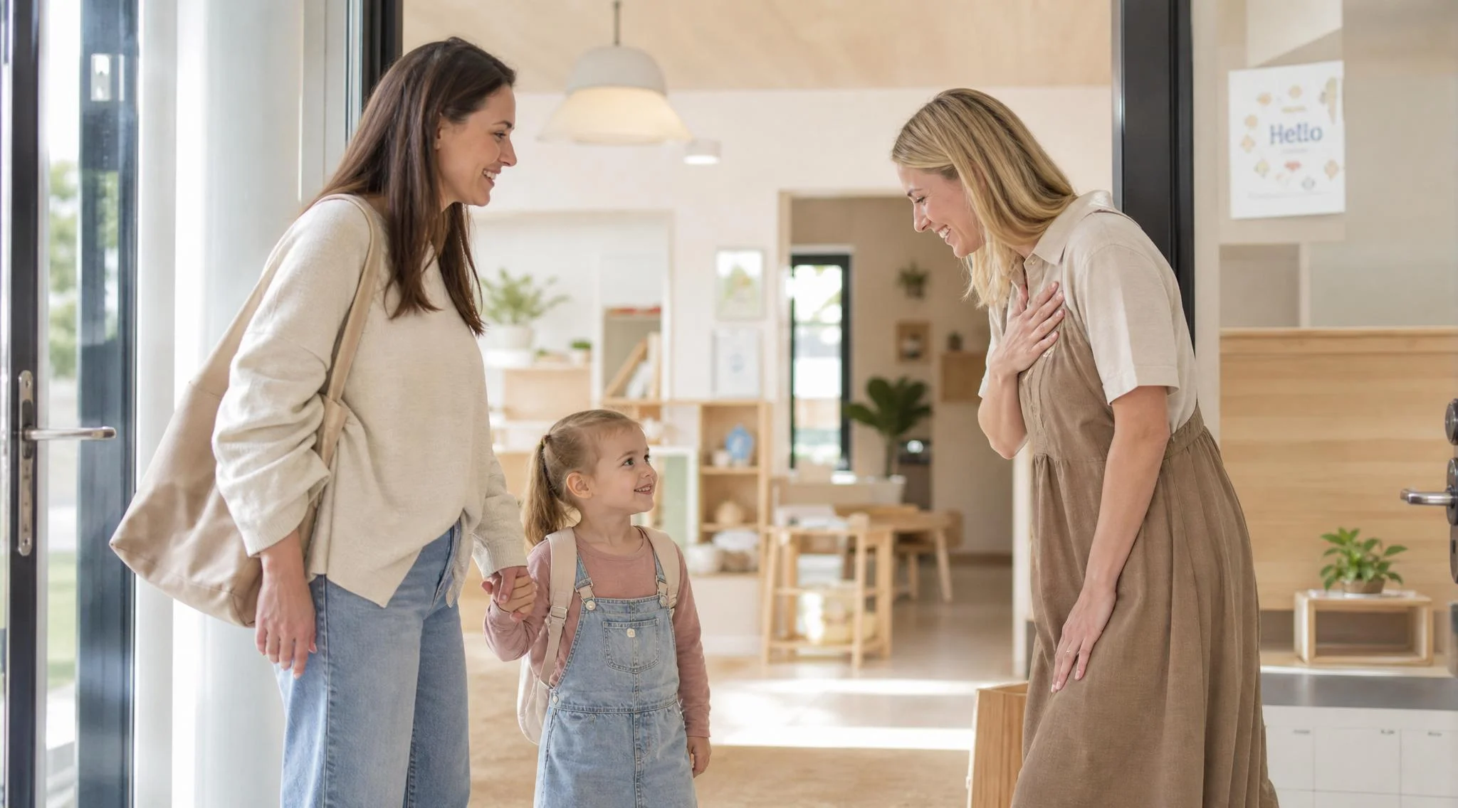 Éducatrice en service de garde accueillant chaleureusement une enfant et sa mère à l'entrée d'une garderie lumineuse, contexte d'évaluation fonctionnelle du comportement
