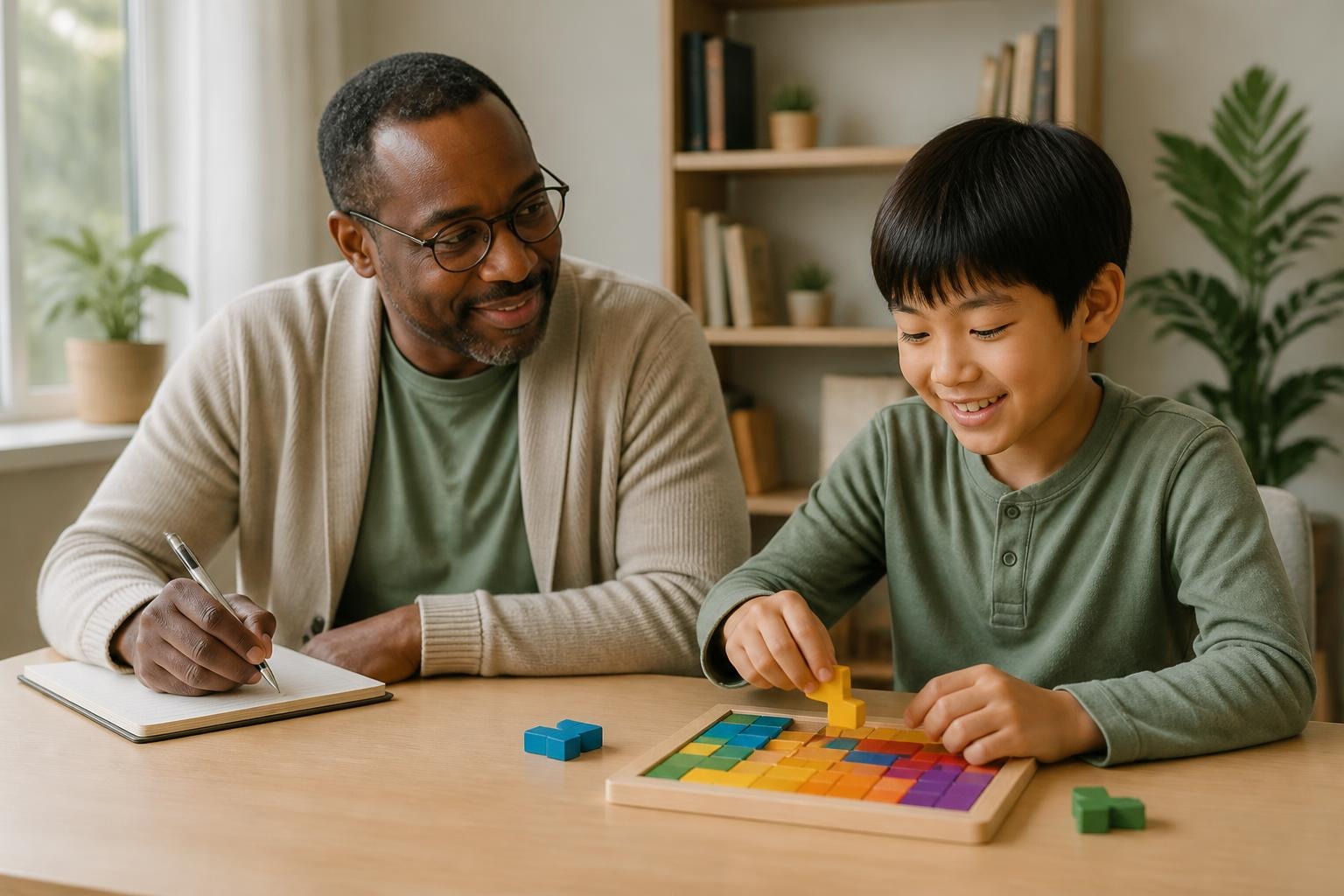 Psychologue observant un enfant résoudre un casse-tête coloré