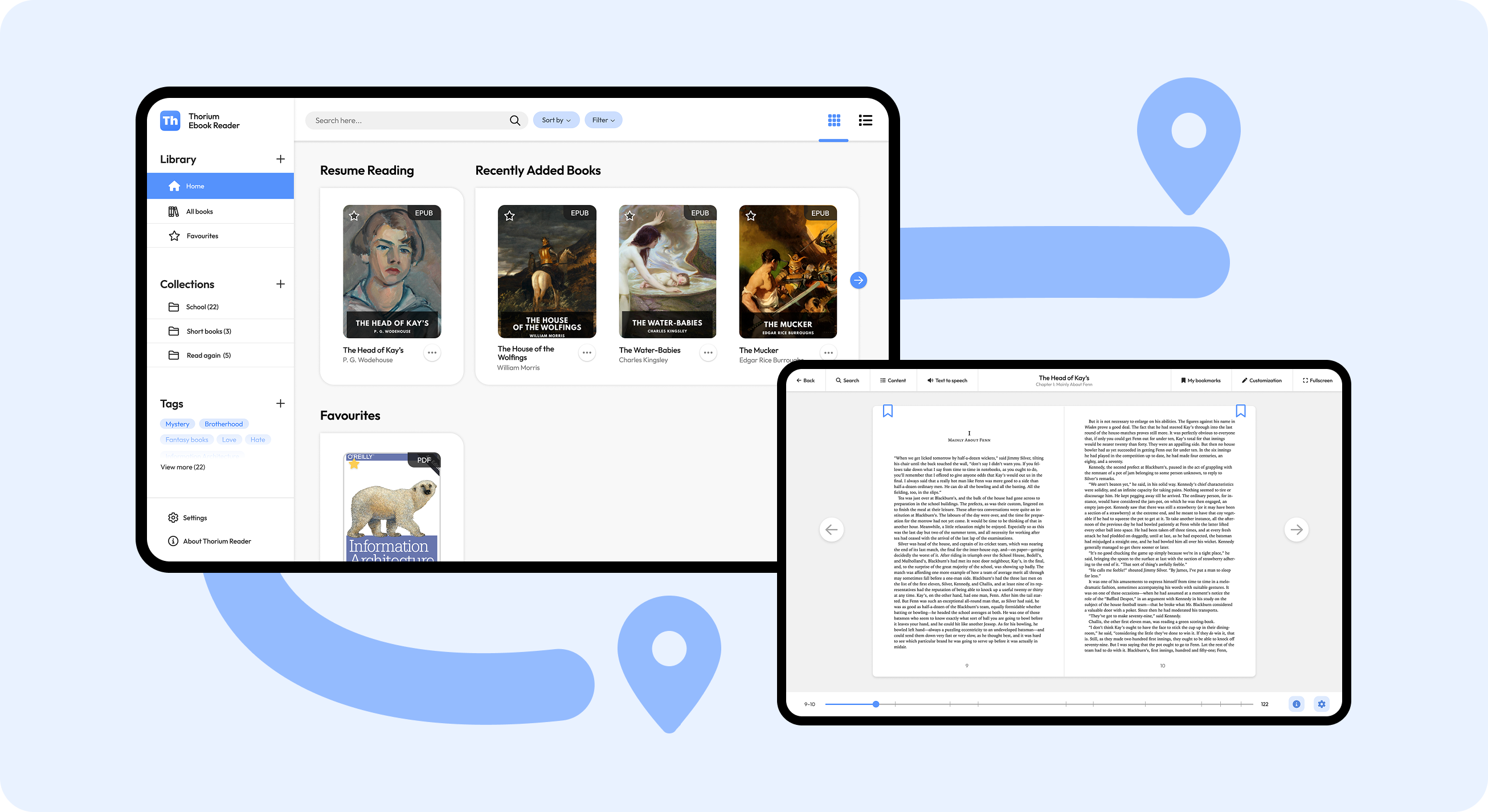 Viser to tablets av throium; en biblotek og en leservisningen