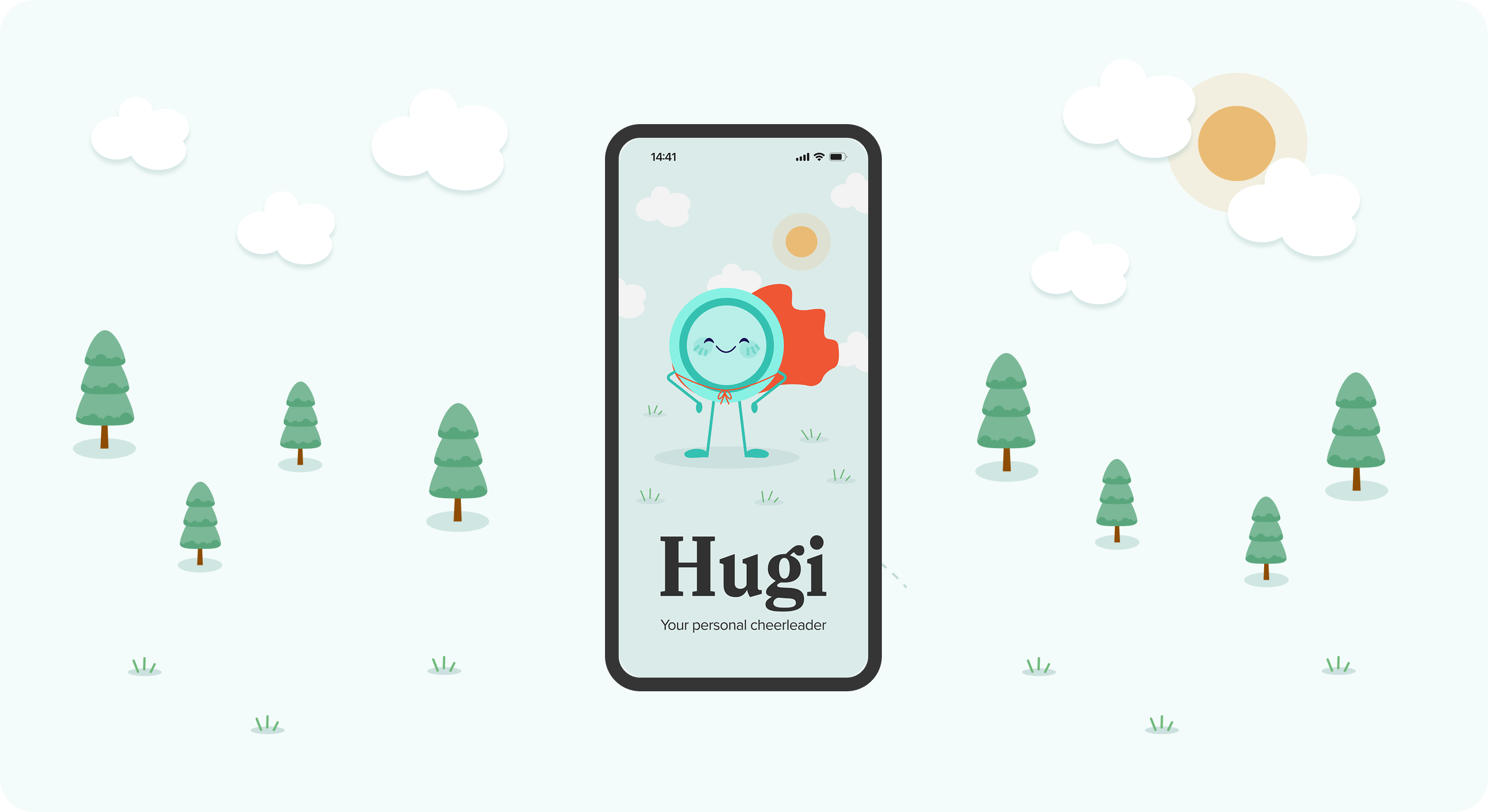 HUGI-app med AI-maskot og naturinspirert bakgrunn