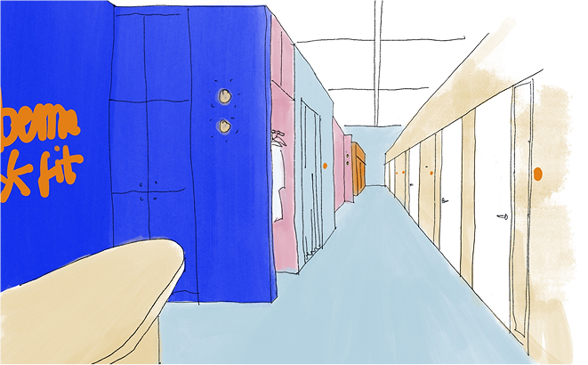 Skizze des Eingangsbereich der praxis von bennefit physiotherapie in mayen. kräftiges blau an den wänden begrüßt den:die besucher:in, sowie hellblau und rosa  im wartebereich und der garderobe.  die räume wirken einladend und herzlich.