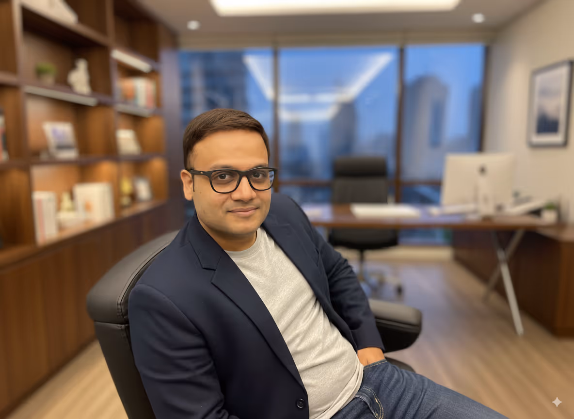 CEO of Truffle Wealth, an Indian man in glasses and a green checked shirt, smiling while working on a laptop in a modern office with bookshelves and a city view in the background