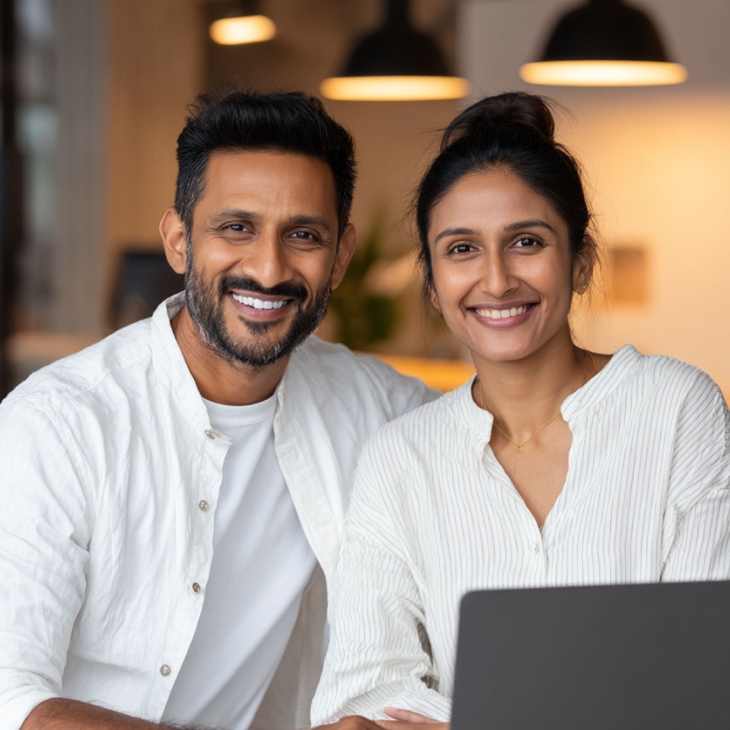 Smiling Indian couple sitting together indoors, both dressed in light-colored casual shirts, with a laptop in front of them and warm lighting in the background