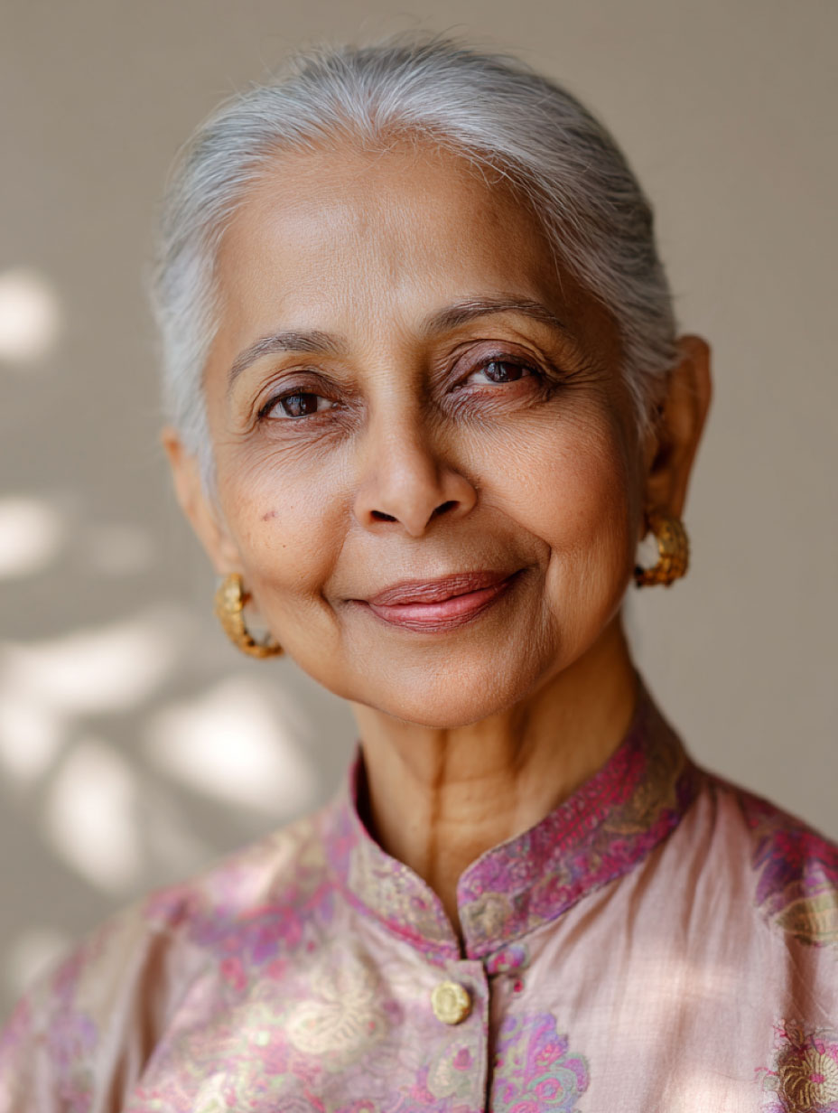 Portrait of an elderly Indian woman with gray hair tied back, wearing a pink and gold embroidered kurta and gold earrings, smiling gently against a neutral background with soft light.