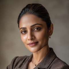 Portrait of a confident Indian woman in professional attire, looking directly at the camera with a calm expression, neutral background