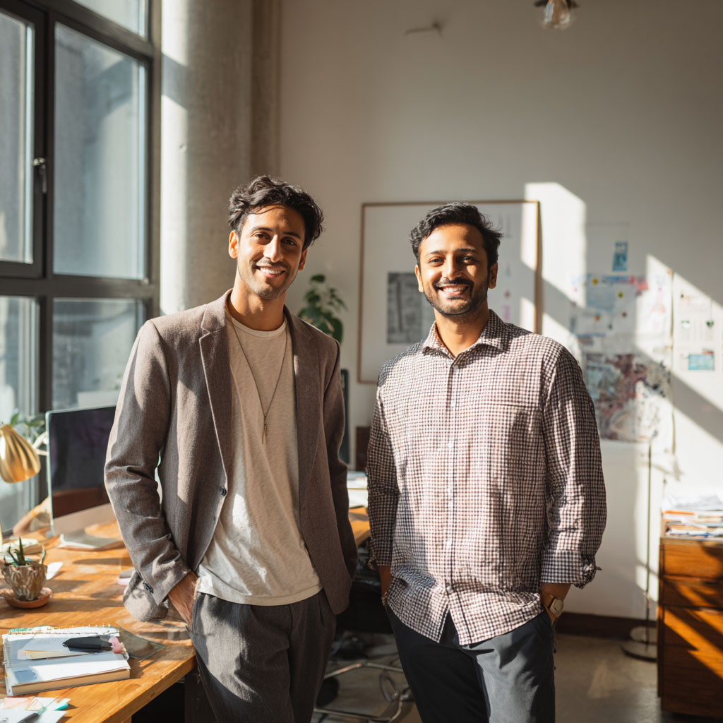 two young indian entrepreneurs smiling at the camera 