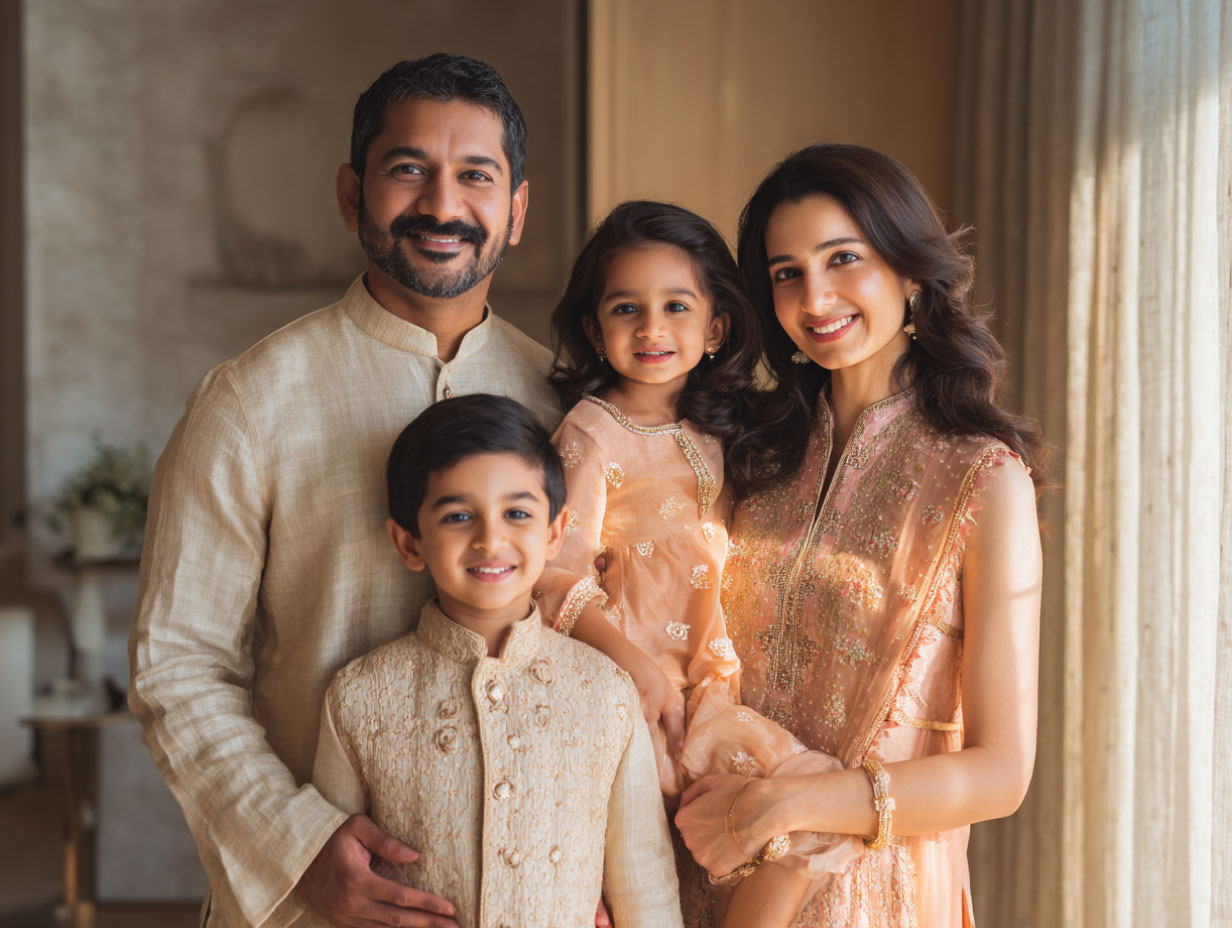 portrait of a happy indian family of wife husband son and daughter
