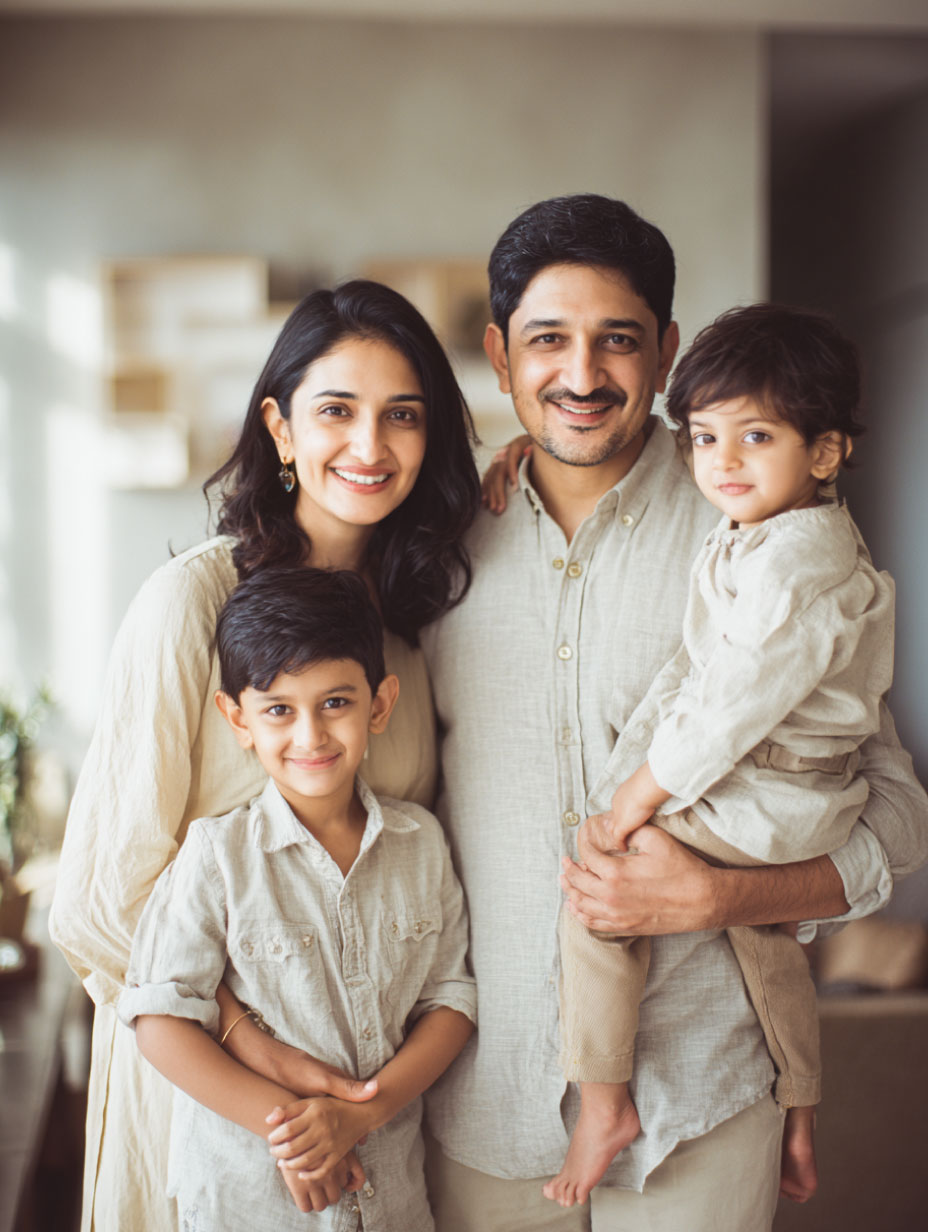 Portrait of a smiling Indian family of four indoors, with parents standing close together, their older son in front, and their younger child being held by the father. All dressed in light-colored clothing.