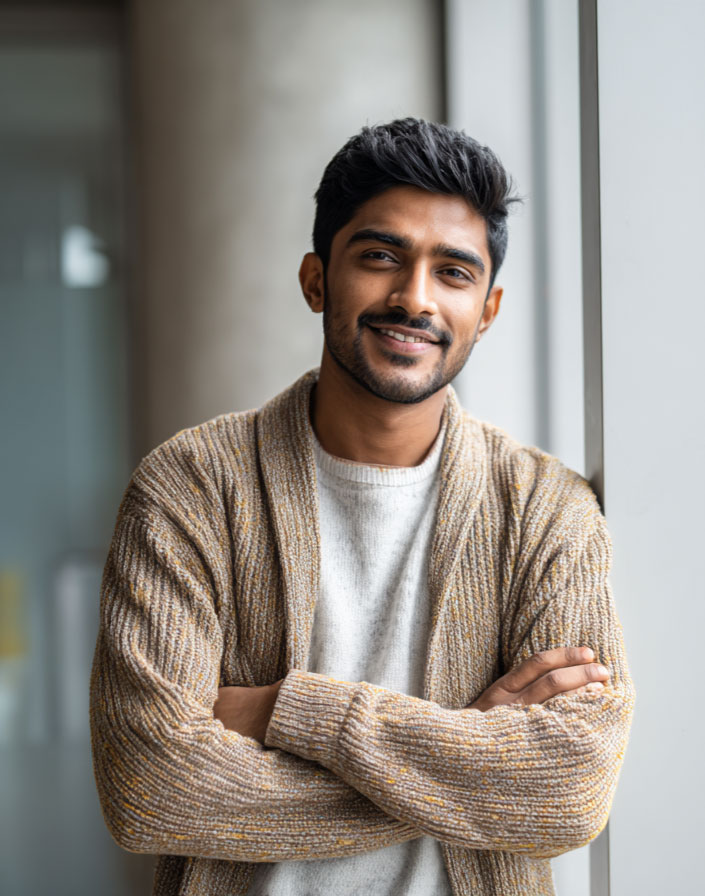 Portrait of a young Indian man standing indoors with arms crossed, wearing a beige knit cardigan over a white shirt, smiling confidently near a window