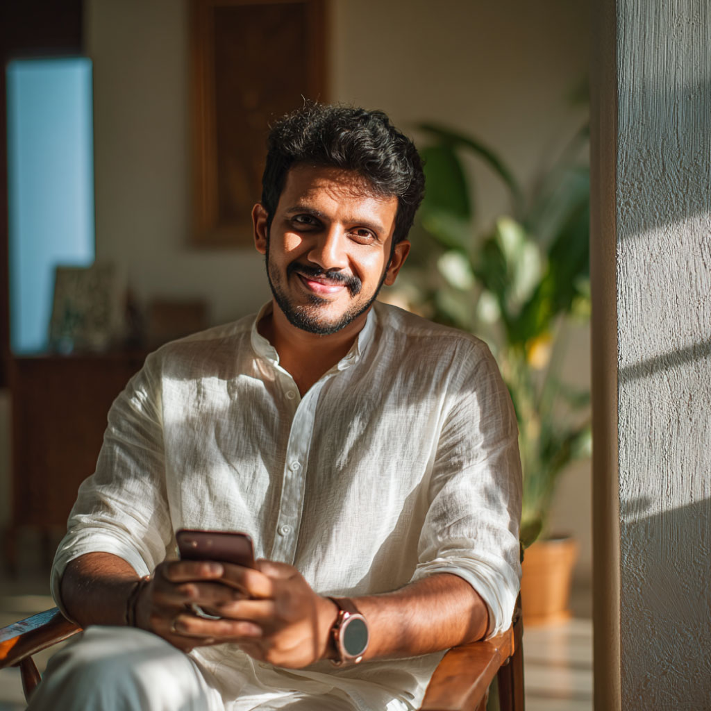Smiling Indian man in a white kurta, seated indoors with a phone in hand, sunlight casting soft shadows through a window