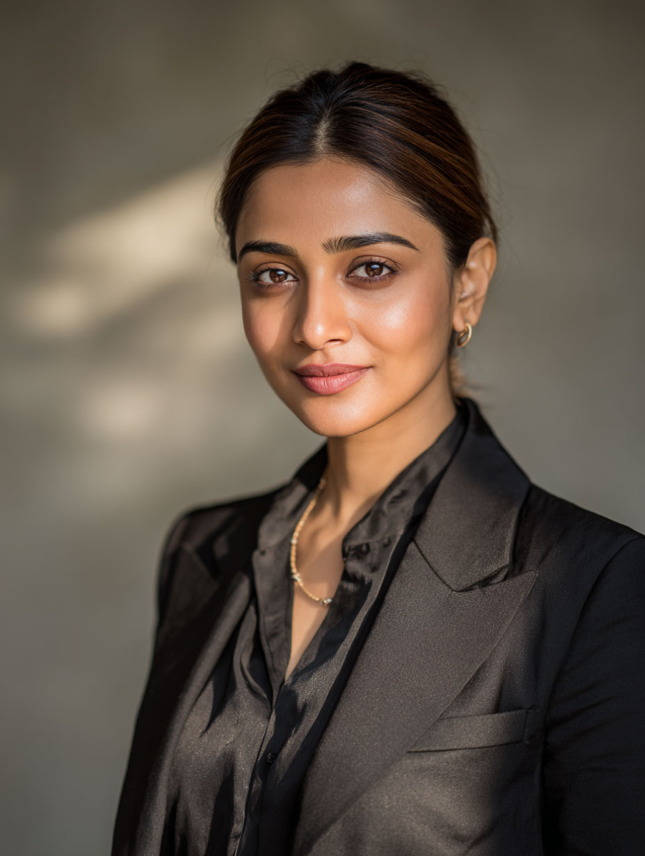 Headshot of an Indian woman in a black blazer and blouse, wearing small hoop earrings and a necklace, looking confidently at the camera against a neutral background