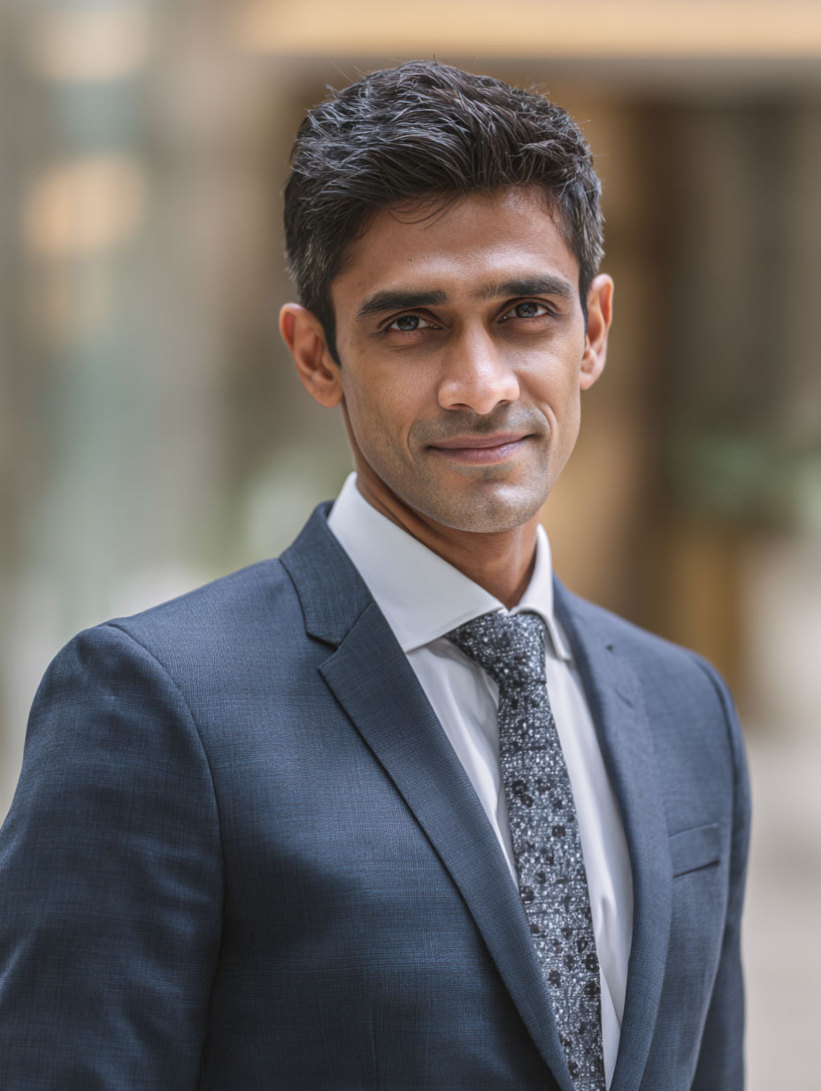 Headshot of an Indian man in a dark suit and patterned tie, standing outdoors with a confident expression against a softly blurred background.