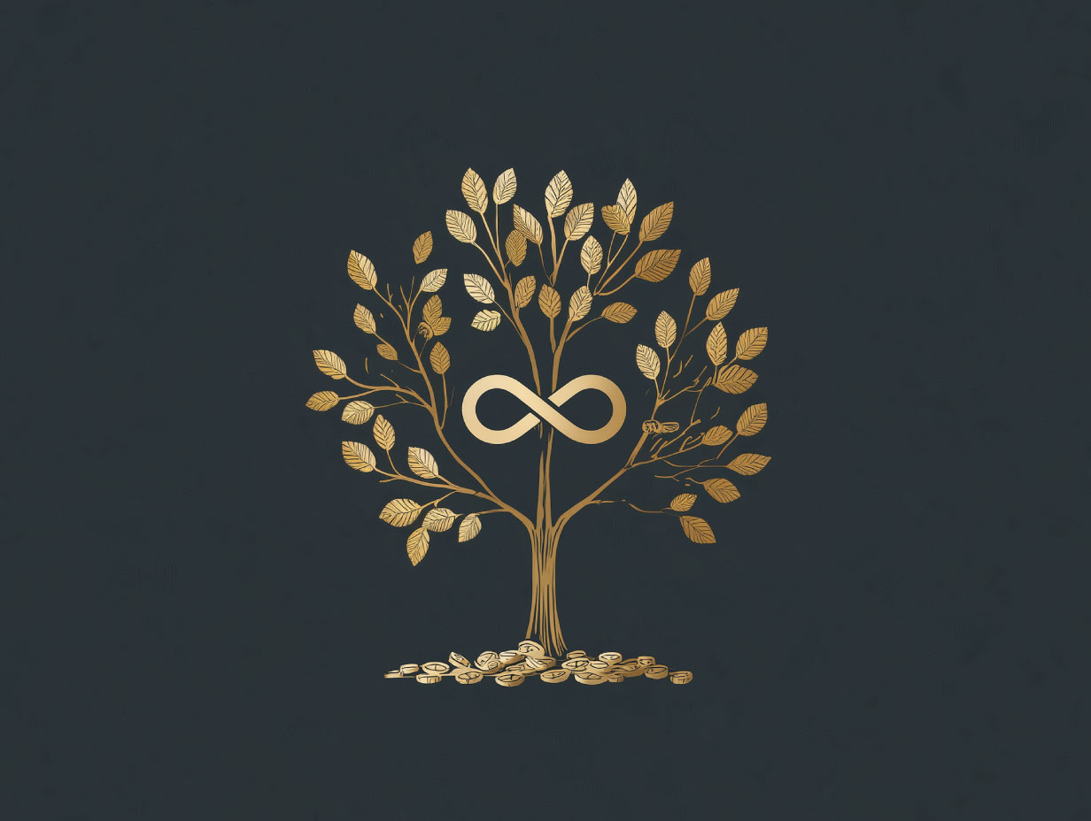 illustration of tree growing gold leaves with a infinity symbol at the center
