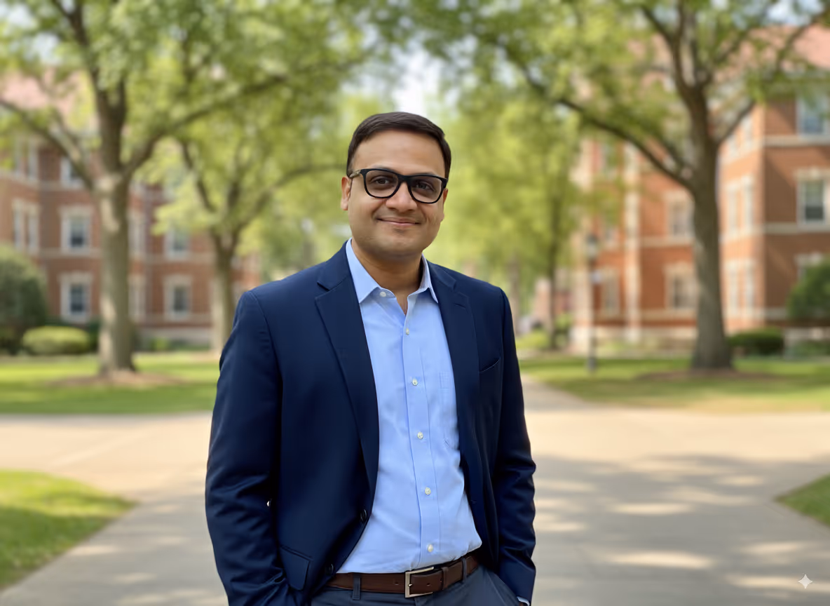 portrait of young indian man standing in front of Purdue university in USA