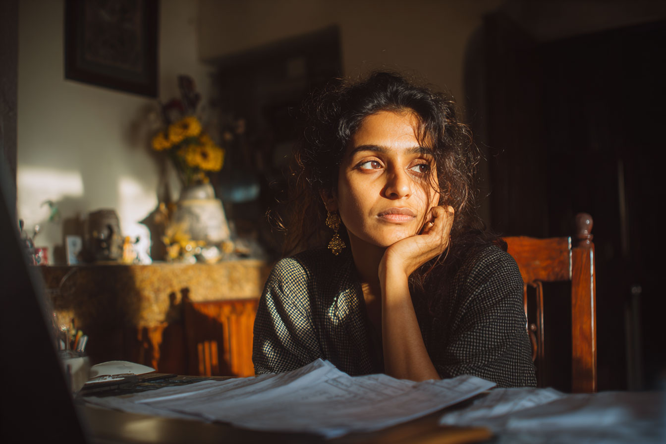 worried woman looking away lost in thought