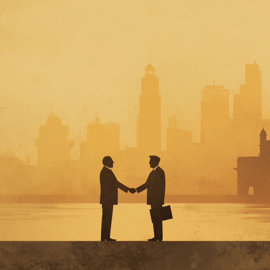 illustration of two men shaking hands over a business deal with city skyline