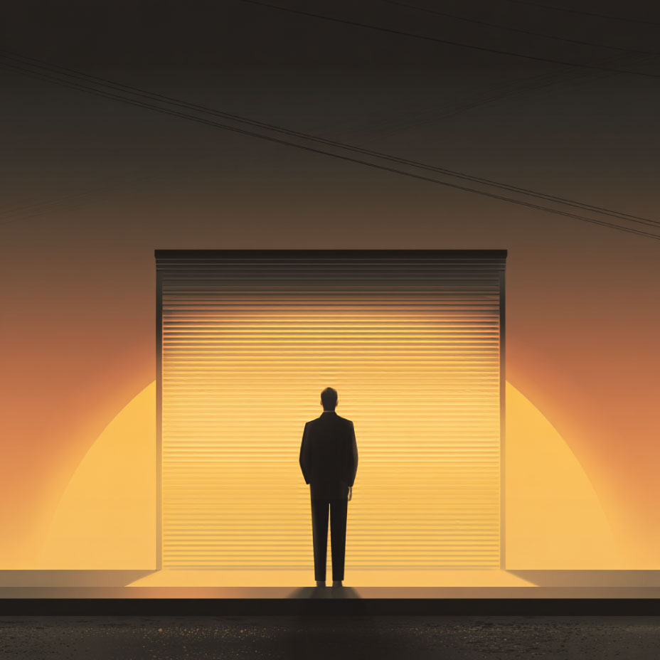 illustration of a man standing in front of a closed shutter