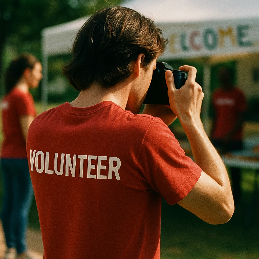 Volunteer wearing a red shirt and taking photos at a community event, symbolizing active listening, understanding people’s stories, and connecting with an organization’s culture.