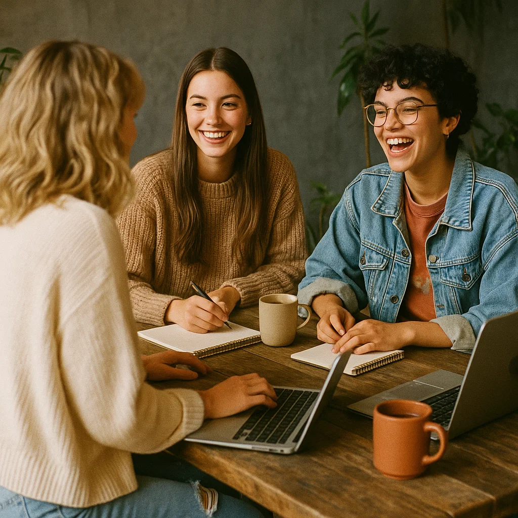 Group of young professionals collaborating at a table with laptops and notebooks, symbolizing co-design, creativity, and collective energy to transform insights into digital opportunities.
