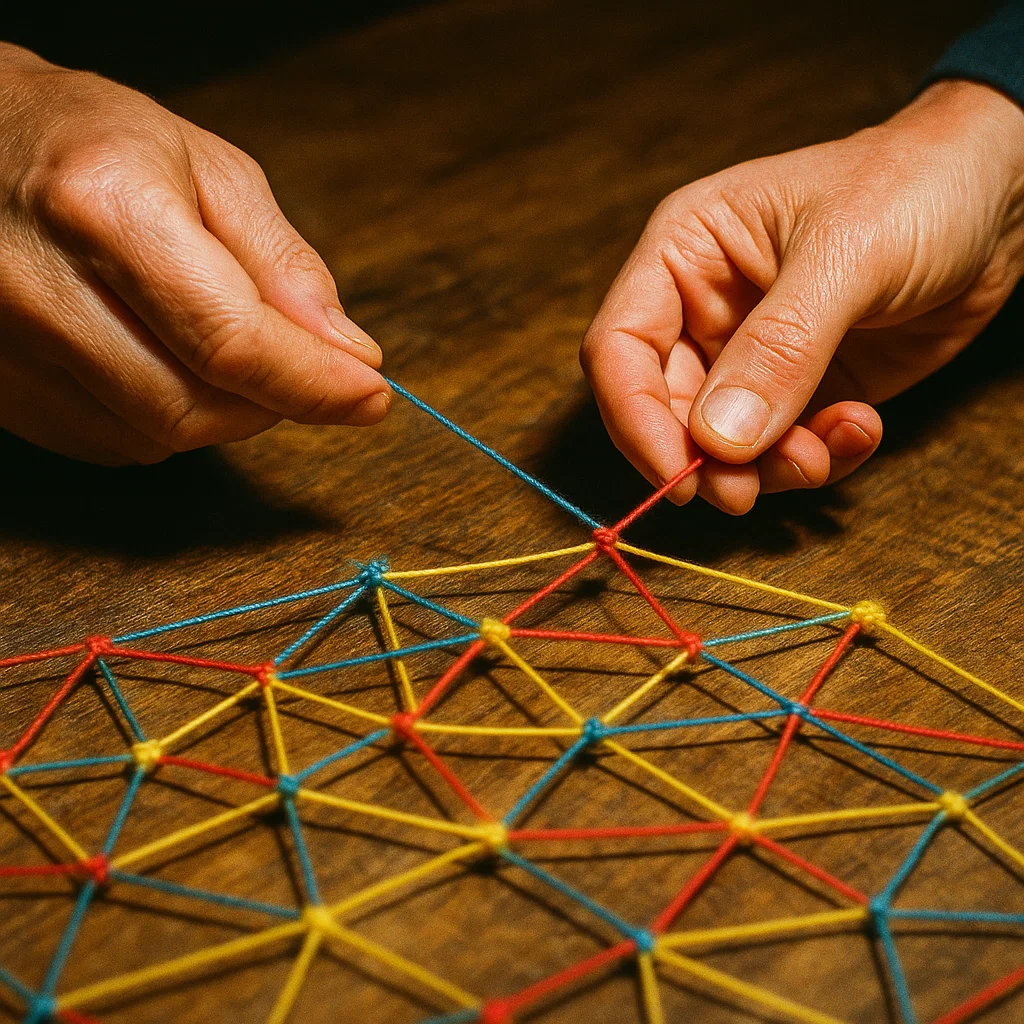 Hands weaving colorful threads into a network, symbolizing implementation, collaboration, and digital empowerment for teams
