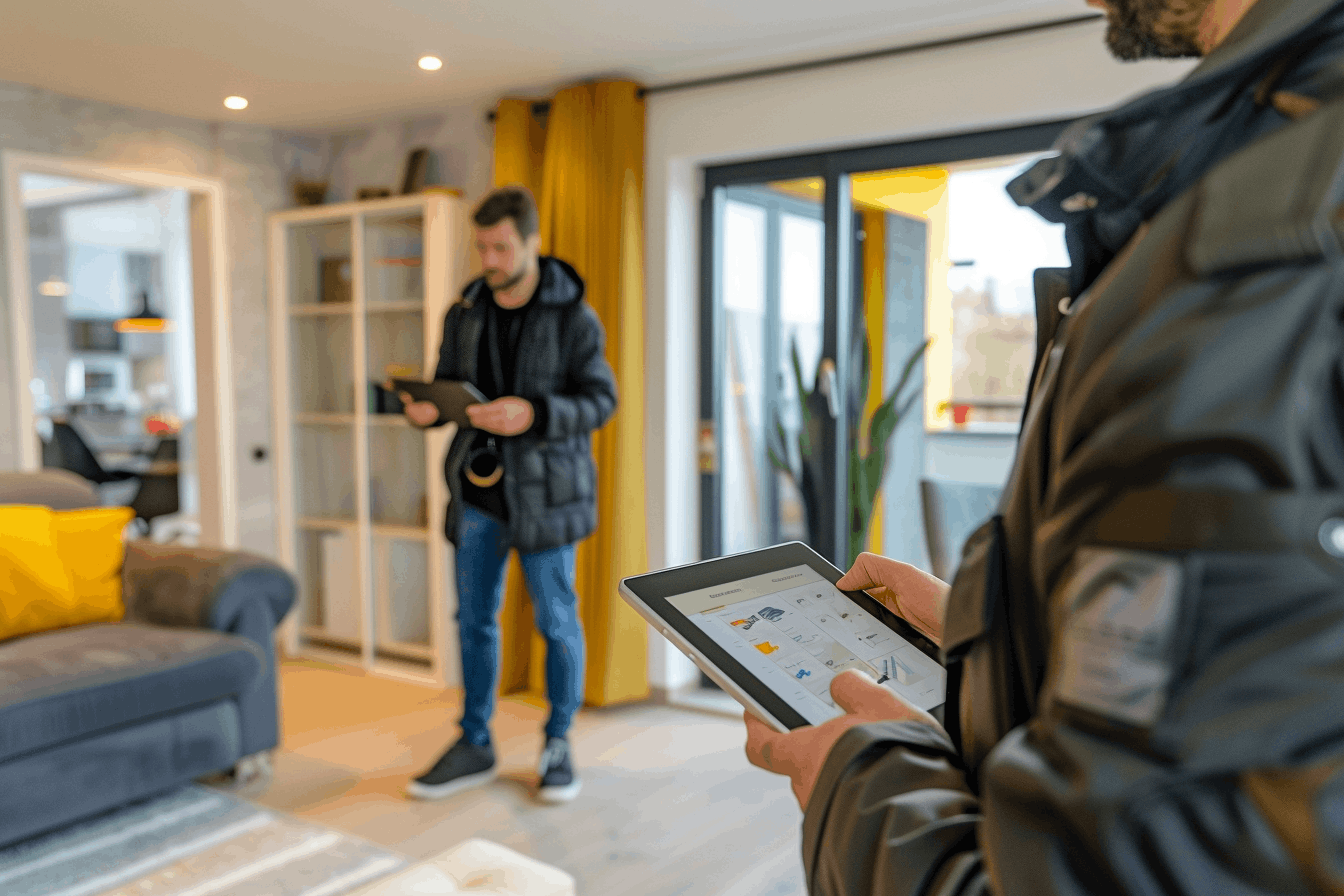 un propriétaire de location meublée fait une visite avec son agent immobilier. il calcule le montant de la CFE (cotisation foncière des entreprises) il devra payer