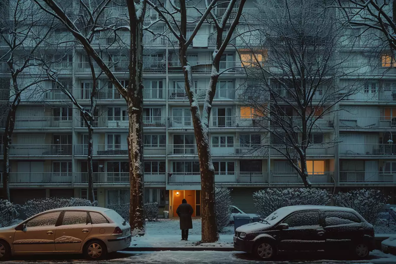 un homme s'apprête à rentrer dans son immeuble en plein hiver. il est protégé par la trève hivernale locative