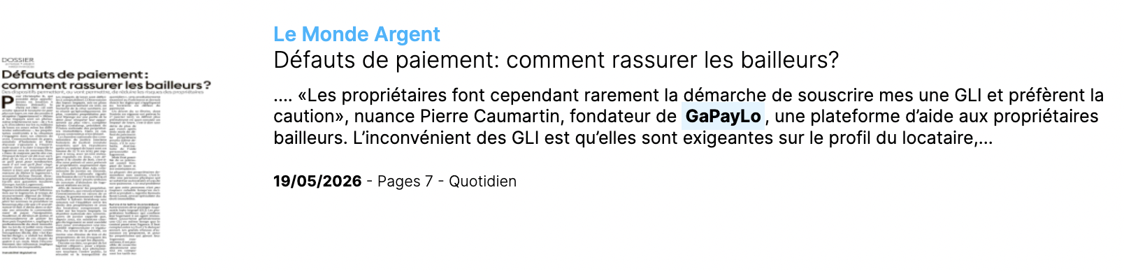 Article Le Monde Argent, mai 2026 : Défauts de paiement, comment rassurer les bailleurs, avec GaPayLo