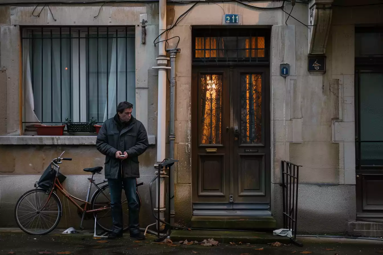 un propriétaire d'appartement occupé par des squatteurs attend à l'extérieur, il espère que la loi lui permettra de les faire expulser