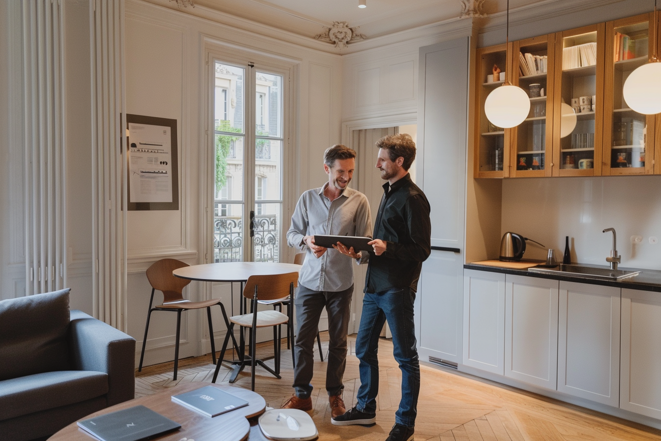le propriétaire d'un appartement loué en LMNP réfléchit avec un autre homme à comment faire sa déclaration d'impots