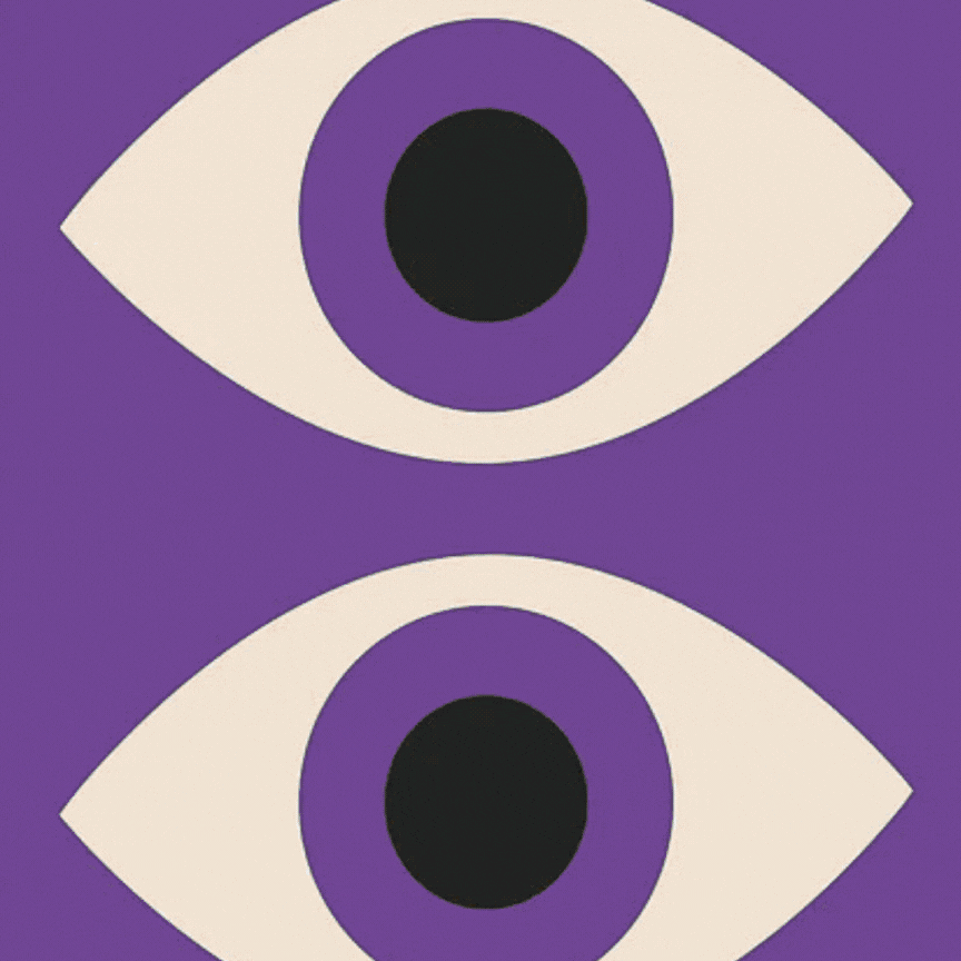 Animazione di due occhi stilizzati con iride viola e pupilla nera su sfondo viola, che si aprono e chiudono alternandosi.