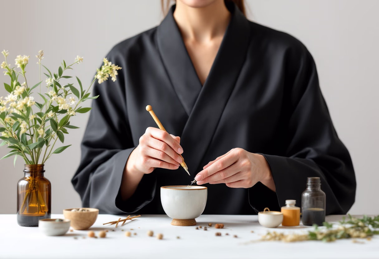 image of an acupuncturist preparing herbal medicine with traditional tools