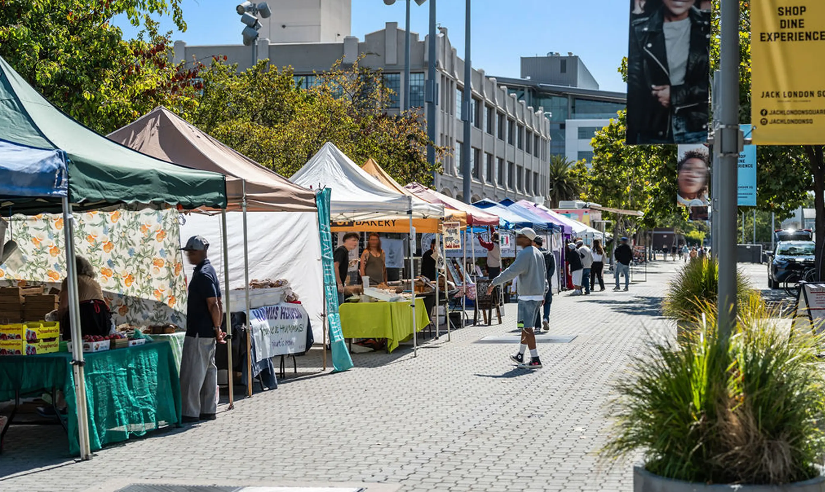  A vibrant outdoor farmers market scene with colorful tents lining a walkway, featuring vendors and shoppers on a sunny day.