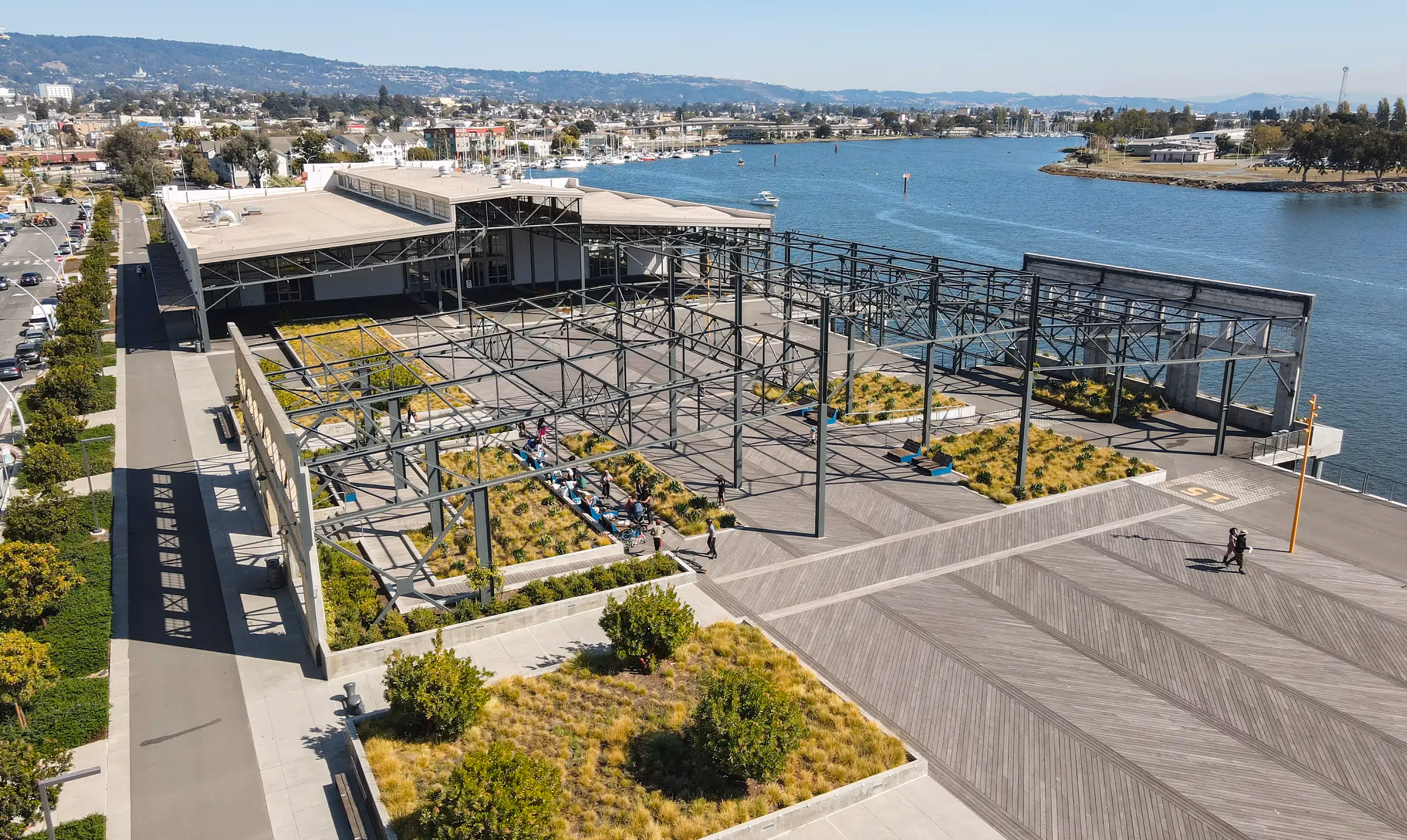Aerial of Brooklyn Basin, along the waterfront in Oakland. 