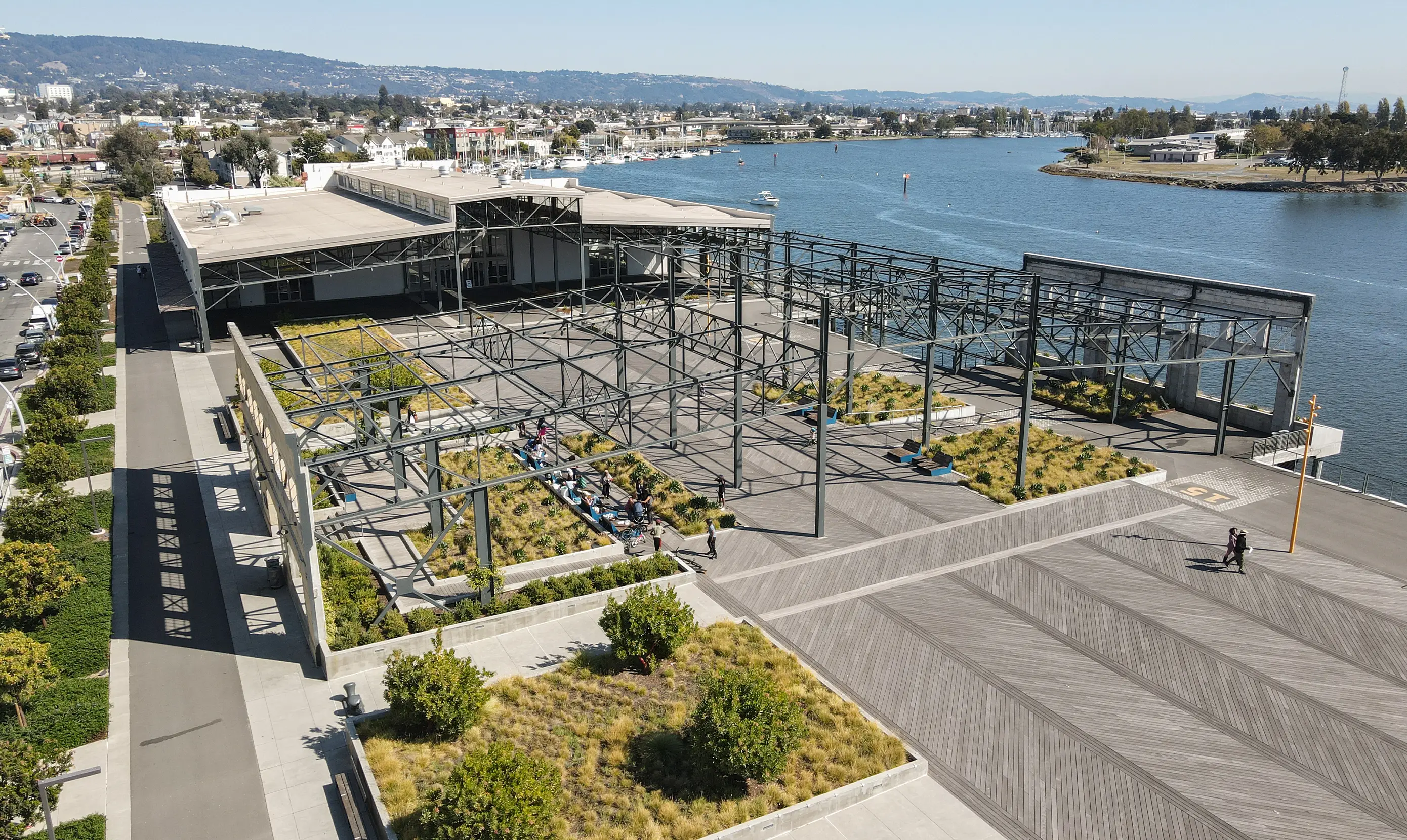 Aerial of Brooklyn Basin, along the waterfront in Oakland. 