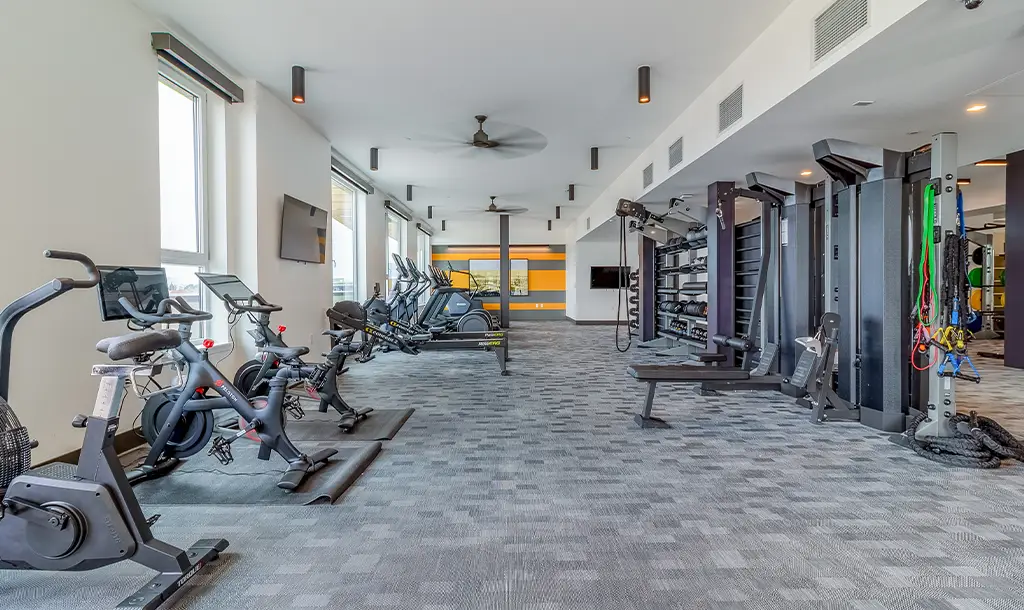 A modern gym with exercise bikes, treadmills, and strength training equipment in a spacious, well-lit room. Large windows and sleek decor create an inviting atmosphere.