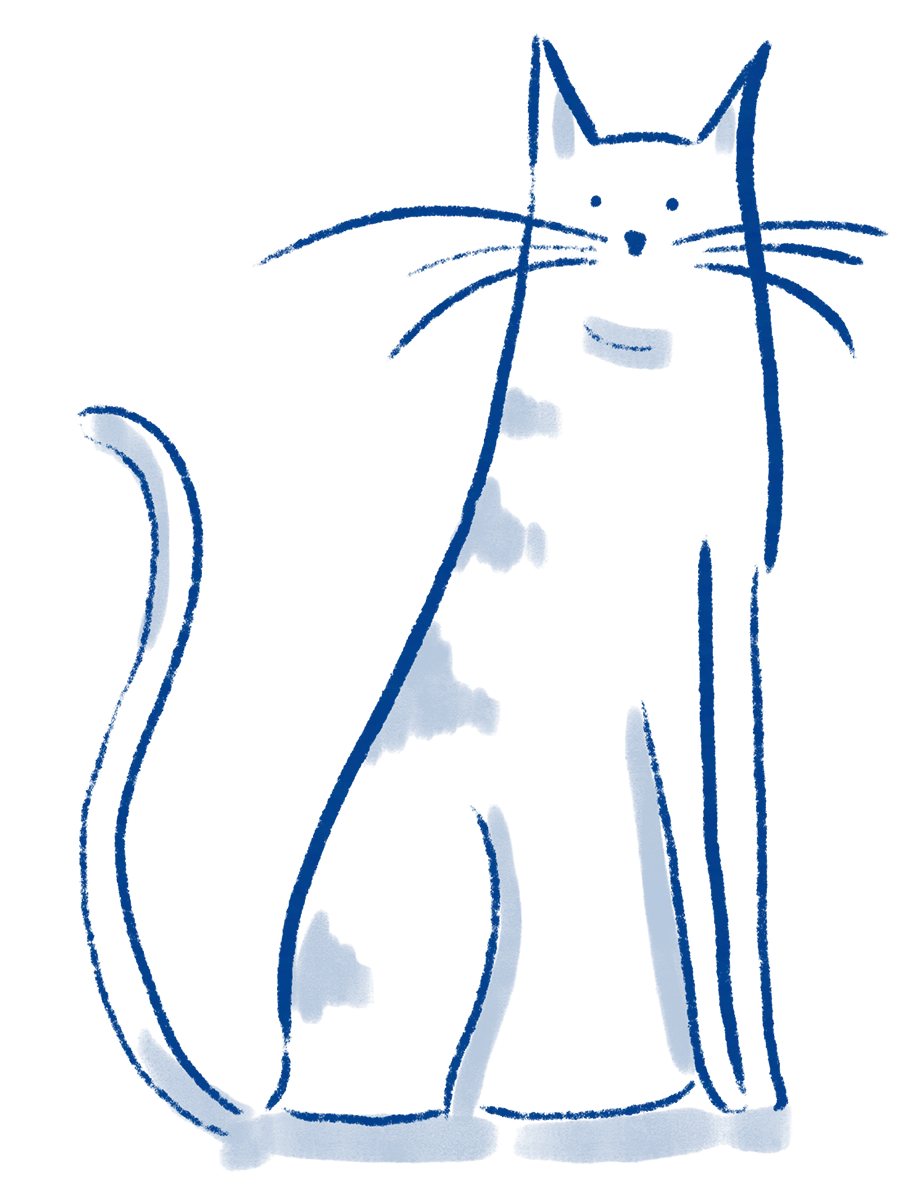 Blue silhouette of a sitting cat with upright ears on a white background.