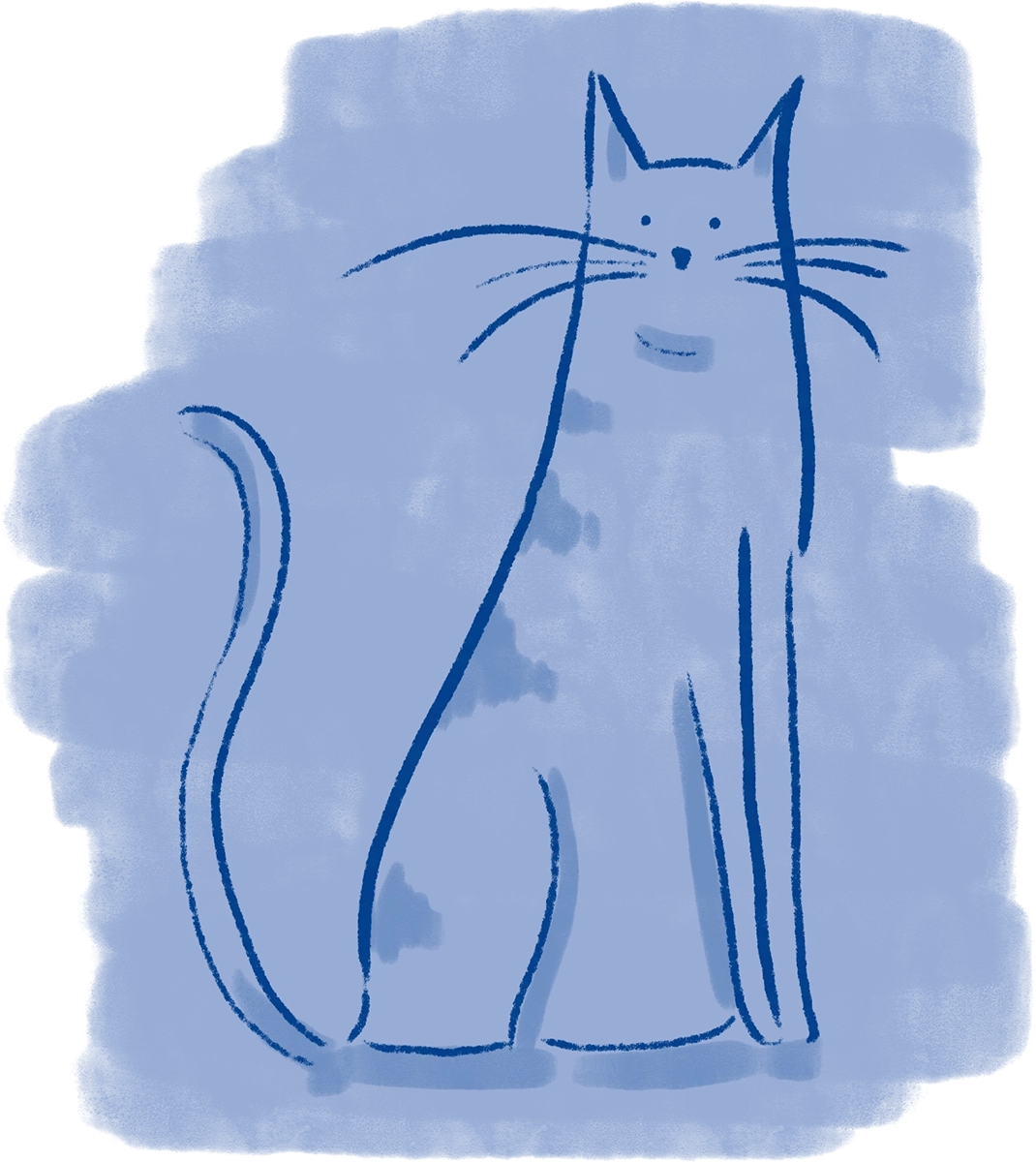 A branded illustration of a sitting cat on a blue brush-wash background