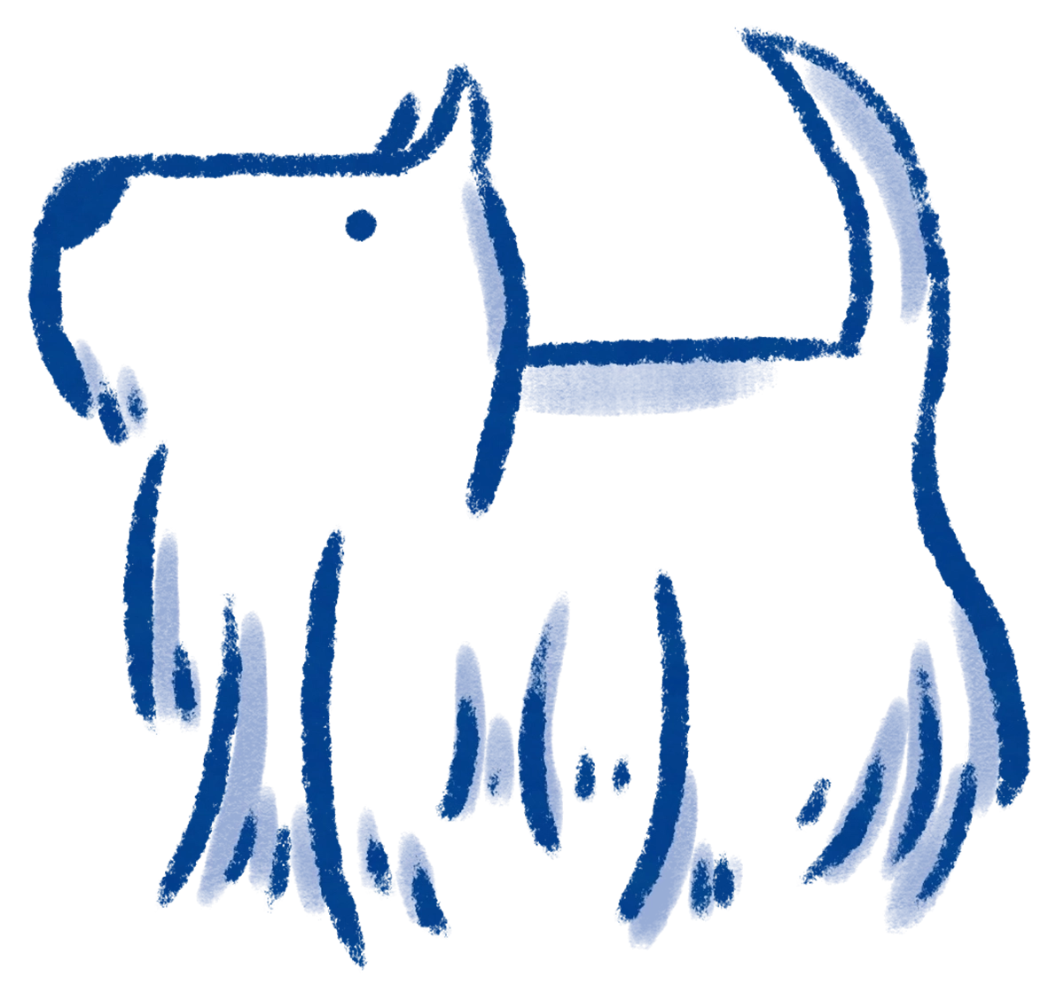 Simple blue line drawing of a dog facing left with tail curved upward.