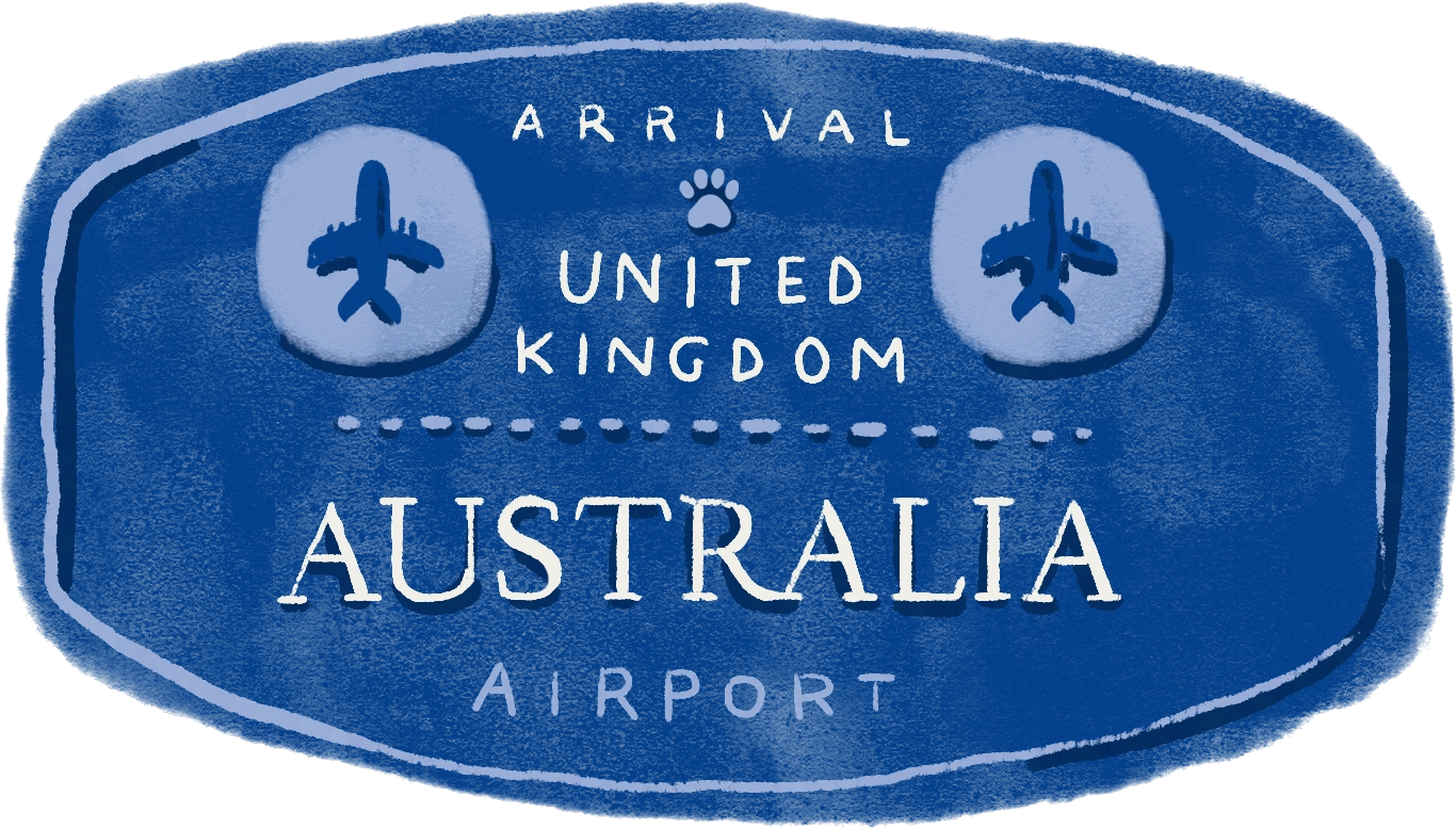 An illustration of a customs export stamp from the UK to Australia in blue.
