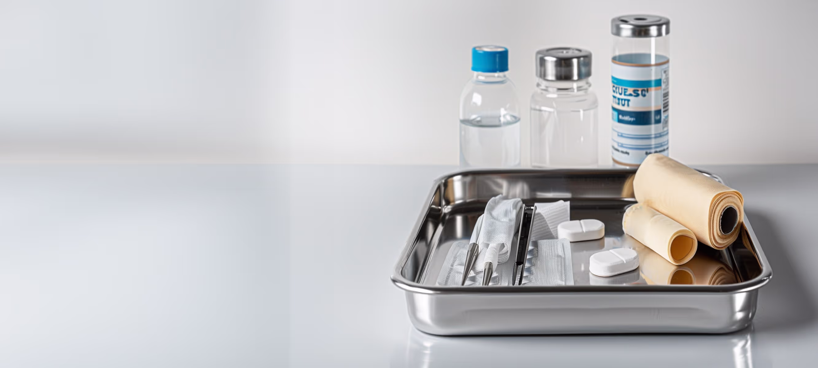 A stainless steel tray on a white surface holds various medical supplies, including rolls of bandages, gauze pads, syringes, and two bottles of liquid. The setup is organized in a clean, clinical environment, ready for use in wound care or a medical procedure.
