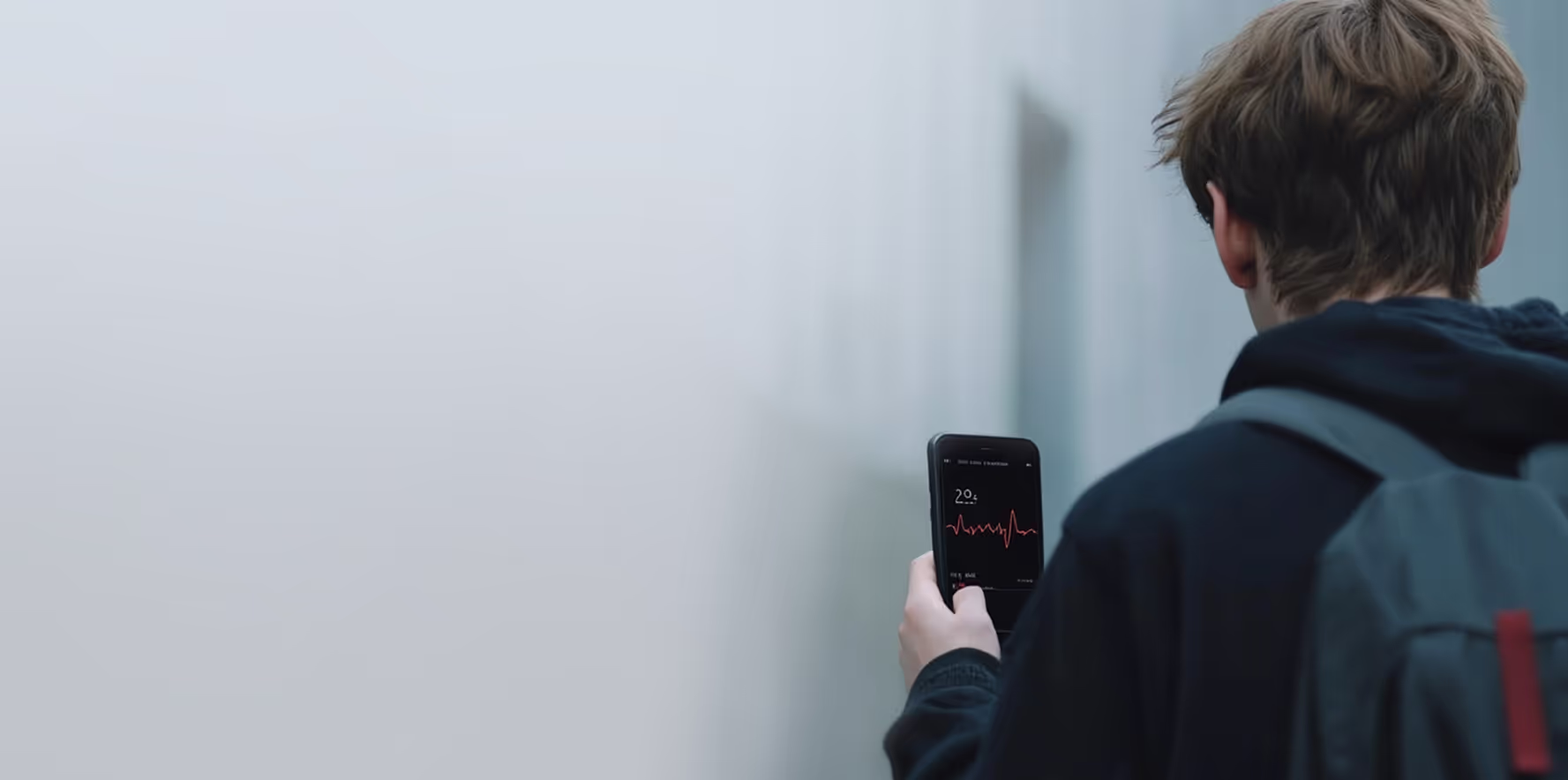A person wearing a dark hoodie and backpack uses a smartphone while standing against a plain white wall. The focus is on the individual holding the phone, with a minimalistic background.