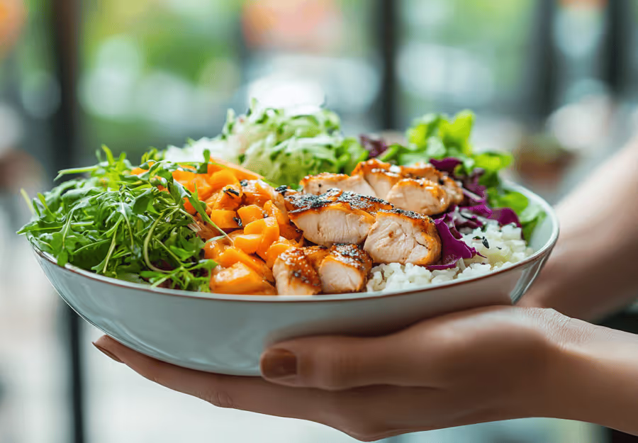 A person holds a bowl filled with a healthy meal, featuring grilled chicken, rice, greens, carrots, and purple cabbage. The vibrant dish is presented against a blurred indoor background with natural light.