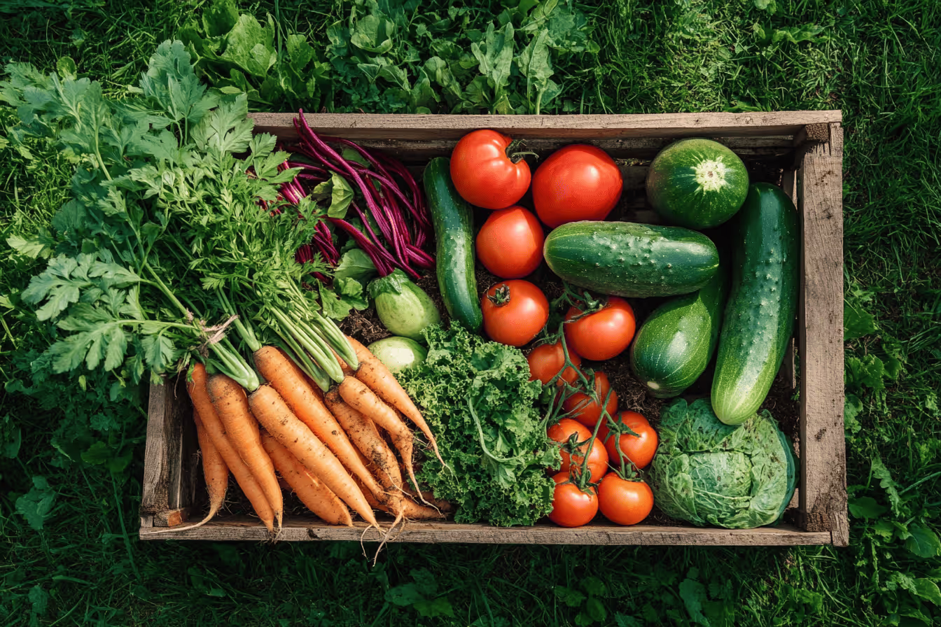 A wooden crate filled with a variety of fresh vegetables, including carrots, tomatoes, cucumbers, beets, broccoli, and leafy greens. The colorful produce is arranged neatly, set against a natural green background.