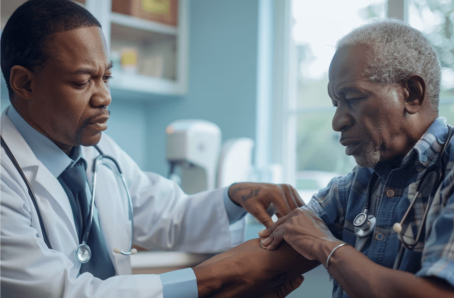 A doctor in a white coat with a stethoscope examines an elderly patient's hand in a clinical room. The patient, wearing a blue shirt and oxygen tubes, sits across from the doctor, with medical equipment and shelves in the background.