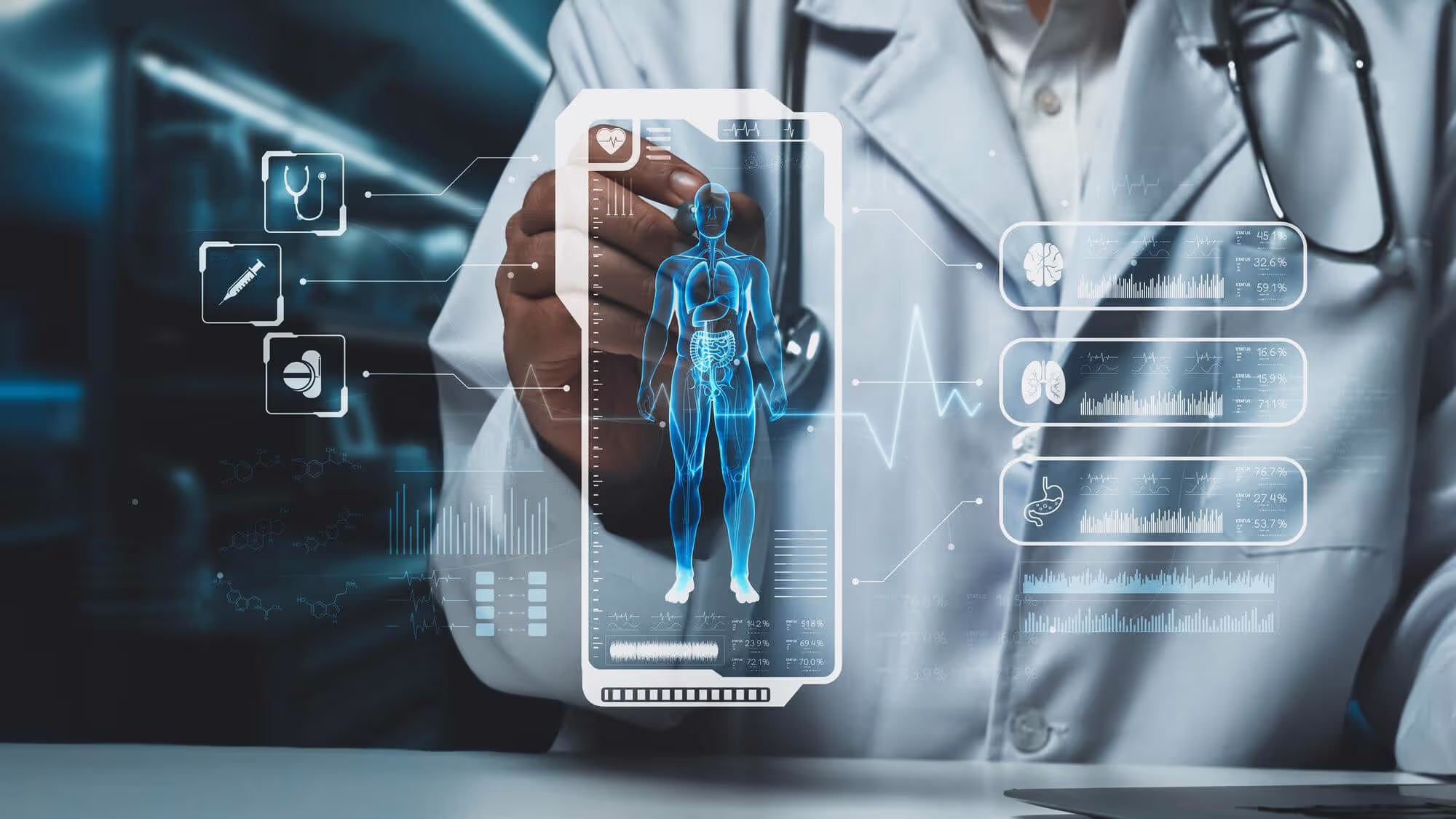 A doctor in a white coat with a stethoscope uses a holographic interface displaying a human anatomical model. The digital screen includes health metrics and data, set against a high-tech medical environment with a blue glow.