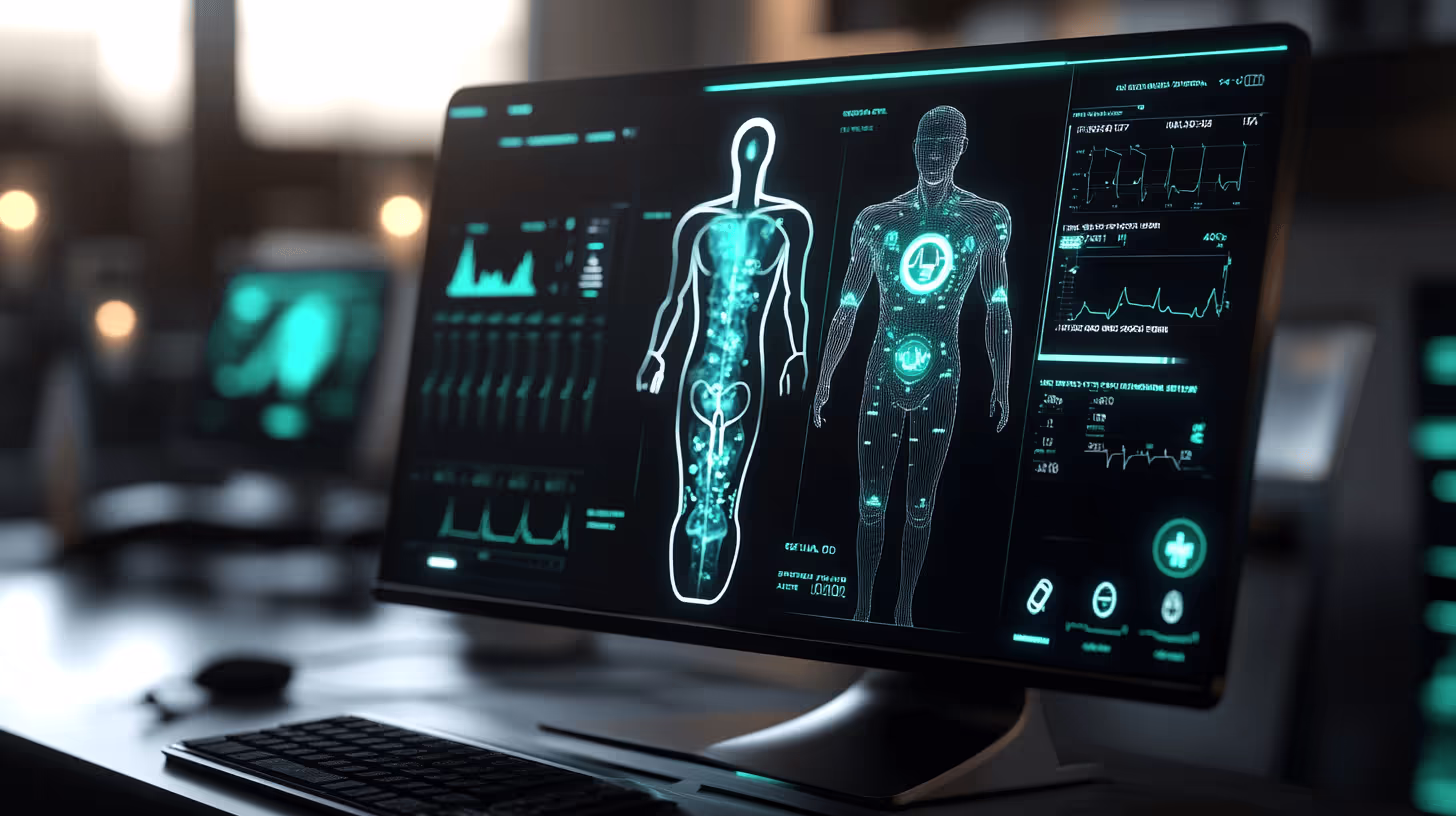 A computer monitor in a high-tech lab displays a holographic human anatomical model with detailed health data and graphs. The interface glows in green, with additional screens and equipment visible in the background, suggesting an advanced medical environment.
