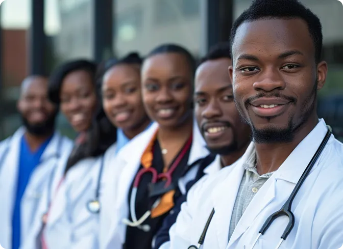 A group of healthcare professionals in white coats and scrubs, smiling and standing closely together in a clinical environment.